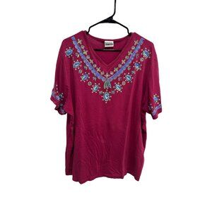 Basic Editions Printed V Neck Short Sleeve Top Magenta Blue Plus Sz 2X Boho